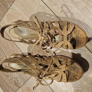 Vaneli Tan Cork Lace-up Wedges Size 7